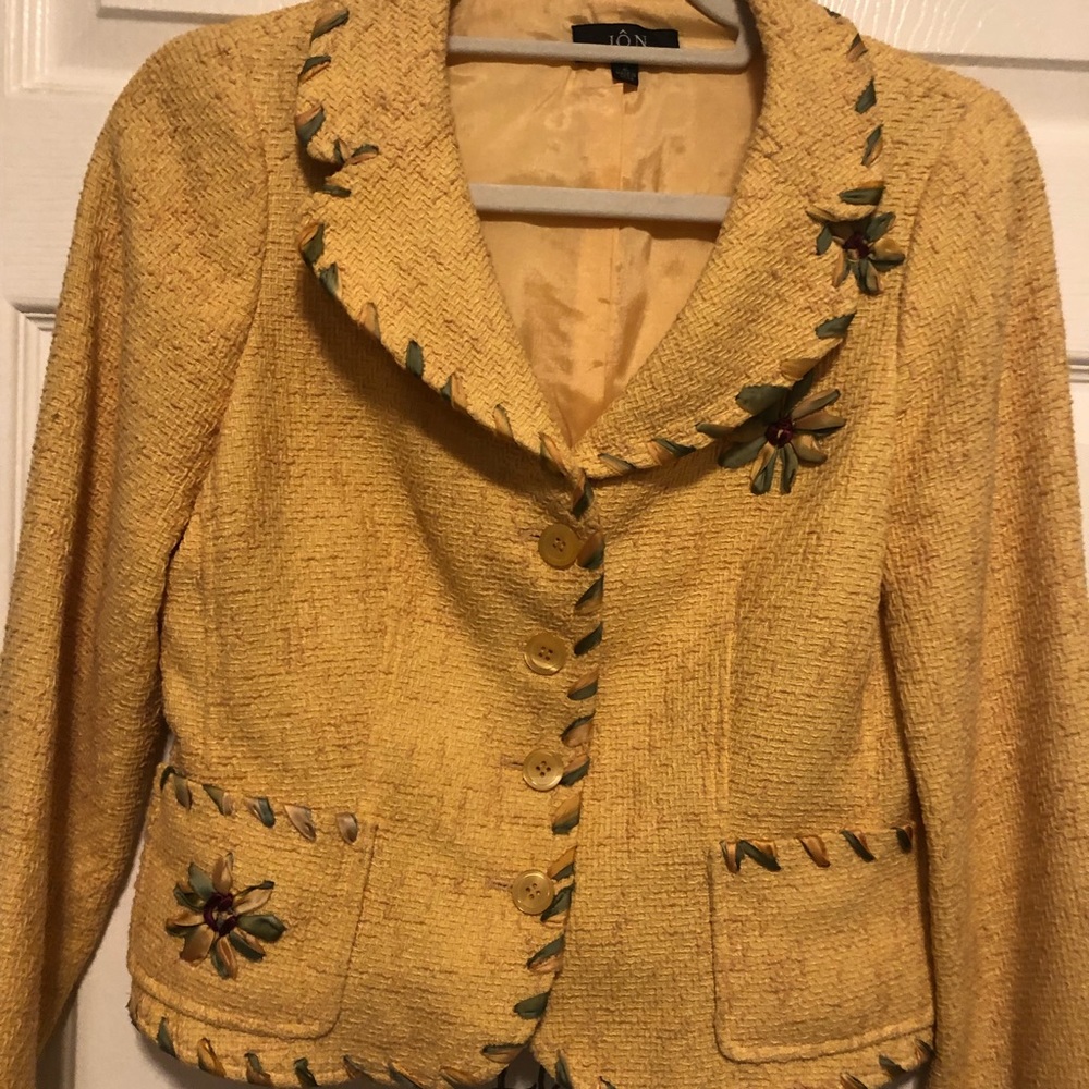 On Running Yellow Tweed Blazer with Floral Appliqué